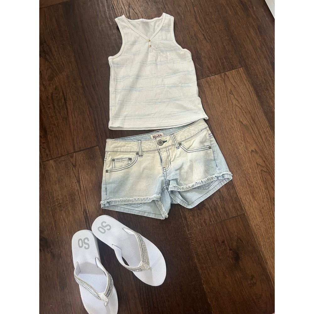 Mudd Blue White Pinstripe Frayed Denim Shorts Size 3 Low Rise Striped y2k